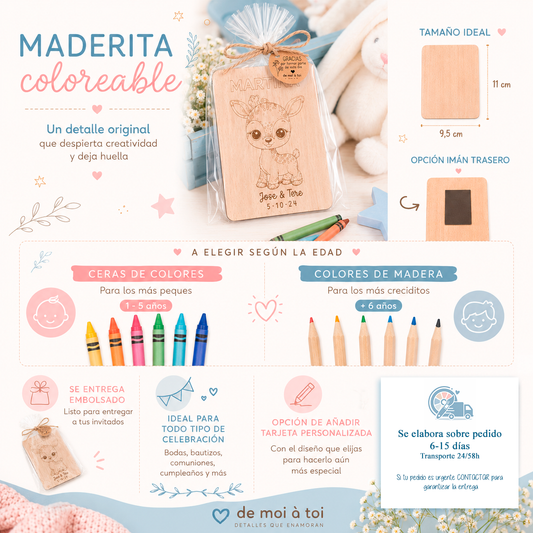 Detalle para niños invitados de madera para colorear personalizado con nombre y fecha