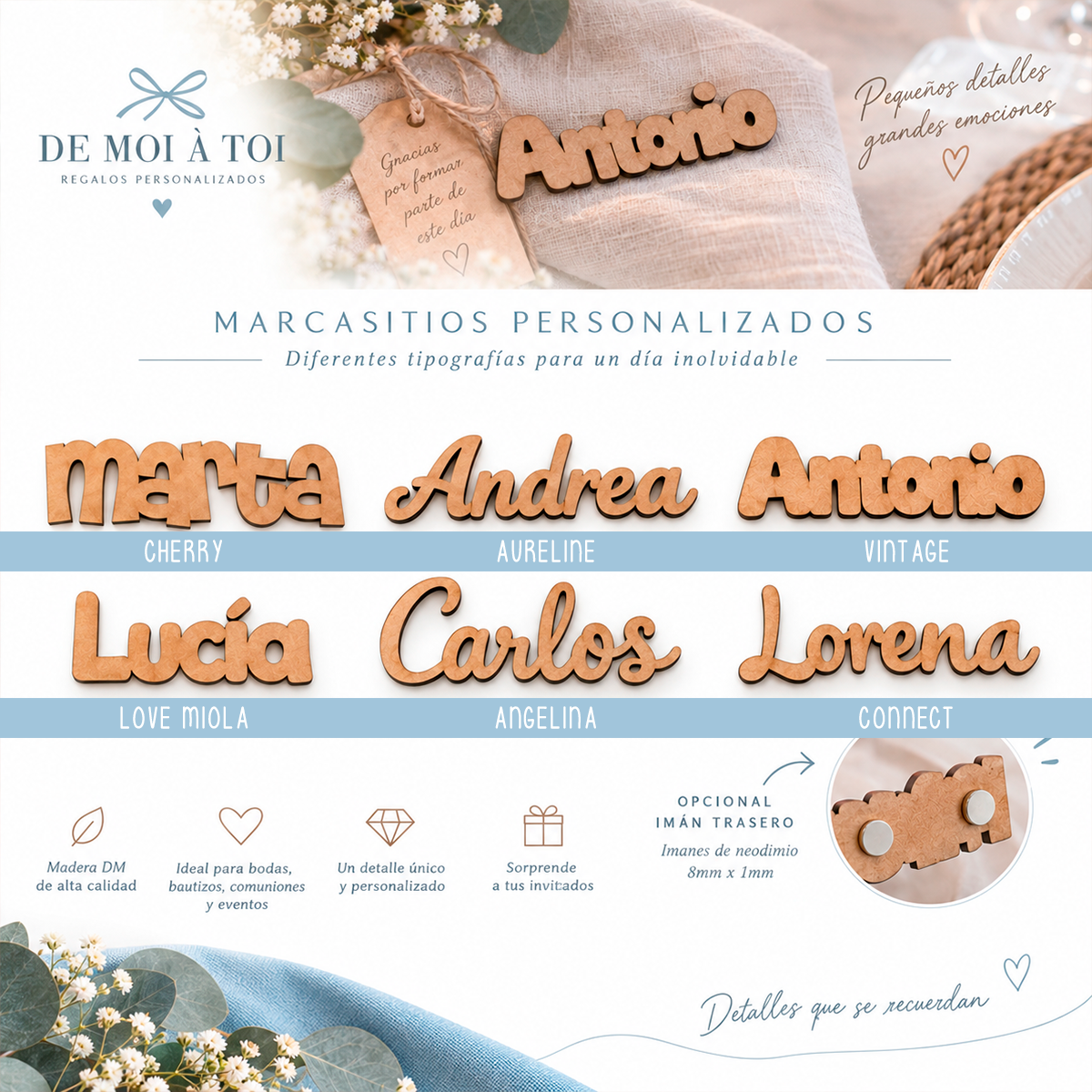 Marcasitio de Madera Personalizado con Nombre tallado e imán