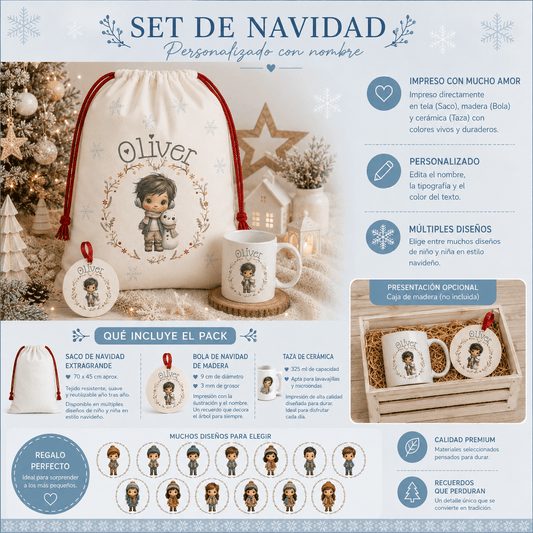 Pack Navidad Infantil Personalizado - Capricho | Saco, Taza y Bola
