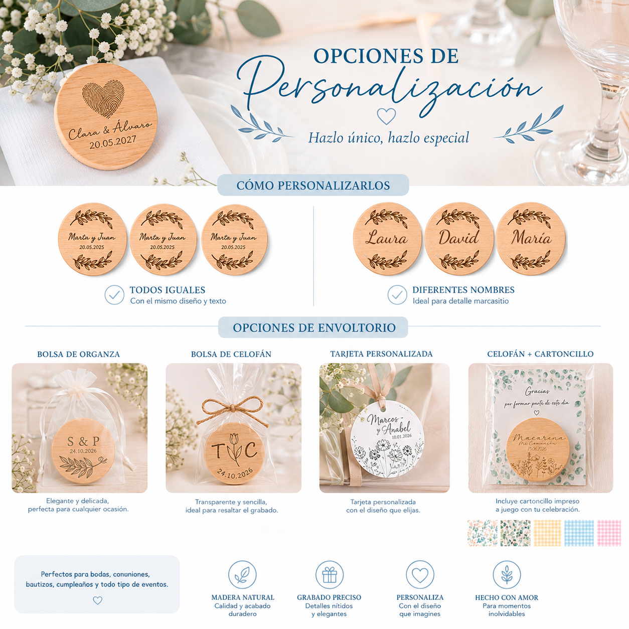 Espejo de bambú personalizado boda, bautizo, comunión | Detalle invitadas elegante