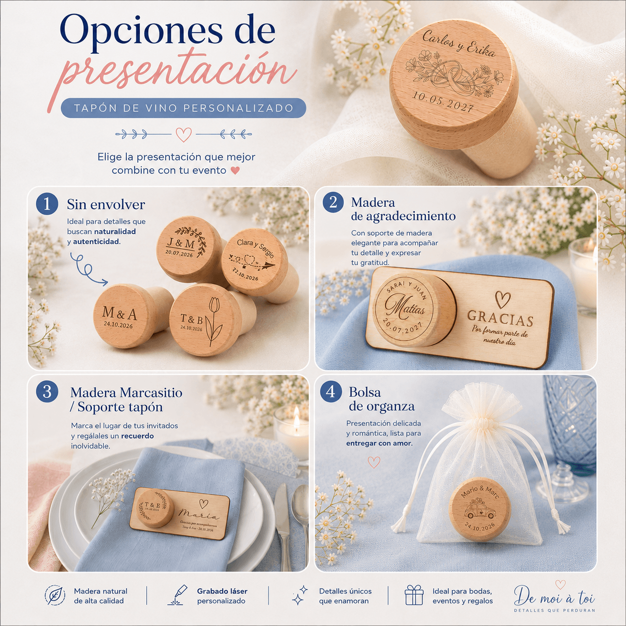 Tapón Natural de Madera Personalizado | Detalle de Boda Grabado Láser