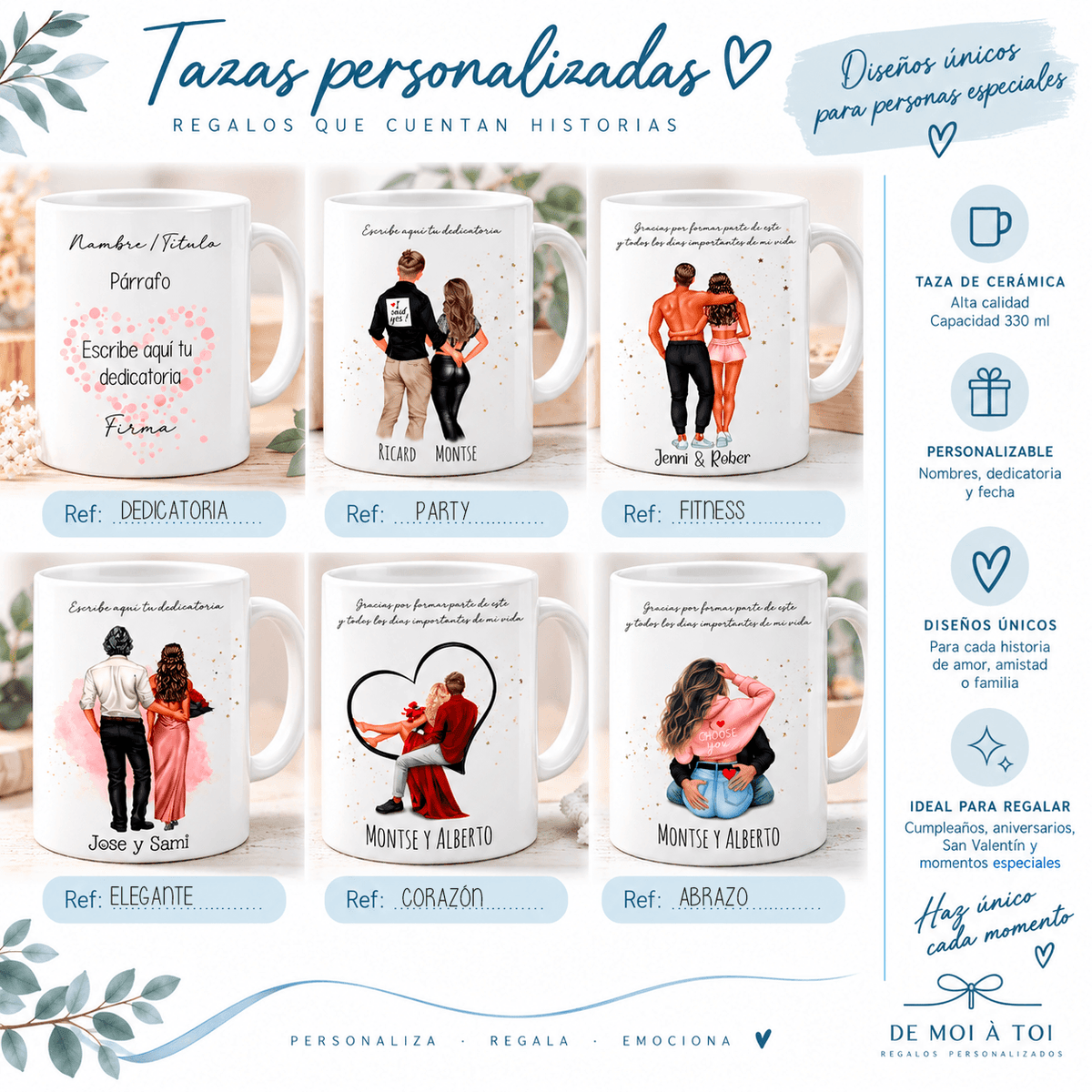Infografía tazas personalizadas con ilustración de pareja · regalo original para enamorados · De Moi à Toi