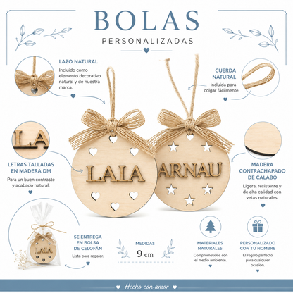 Infografía bola de Navidad personalizada: materiales madera calabó y DM, medidas 9 cm, nombre tallado a láser, presentación con lazo
