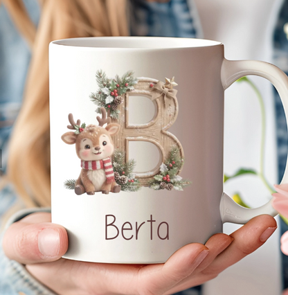 Taza personalizada con inicial navideña y nombre – Elige diseño