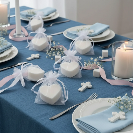 Jaboncitos de corazón blancos con aroma a coco – Detalle natural para celebraciones infantiles