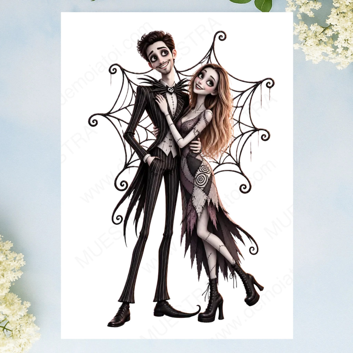 Caricatura navideña personalizada de pareja estilo Jack Skellington en lámina A4 impresión completa