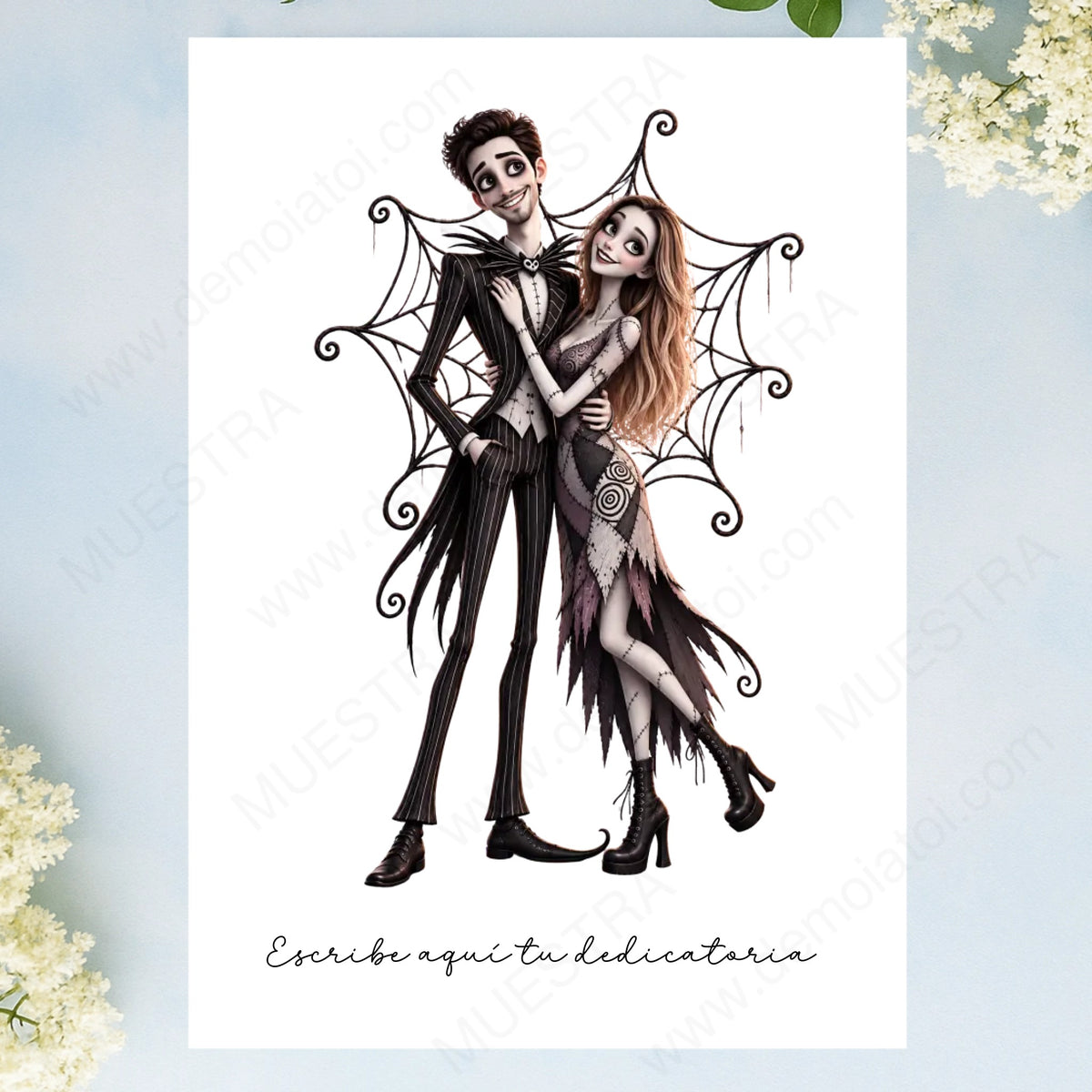Lámina A4 personalizada con caricatura de pareja estilo Jack Skellington y dedicatoria, regalo de Navidad
