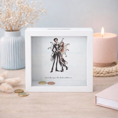 Hucha personalizada con caricatura de pareja estilo Jack Skellington y dedicatoria, regalo navideño original