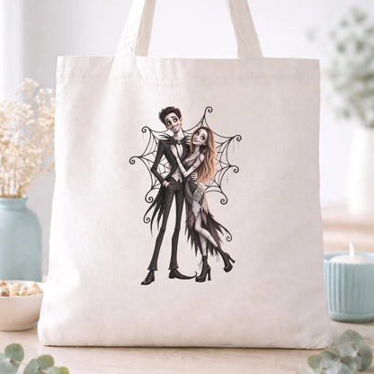 Bolsa totebag con caricatura personalizada de pareja estilo Jack Skellington, impresión completa
