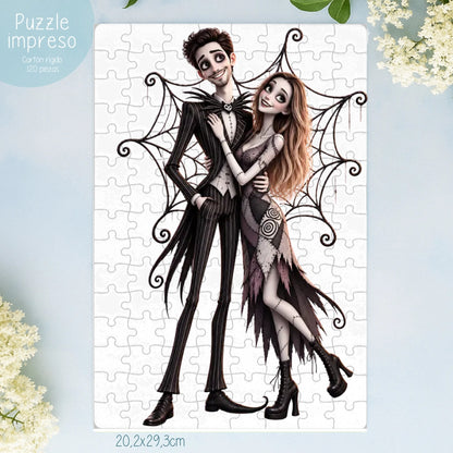Puzzle personalizado con caricatura de pareja estilo Jack Skellington desde foto, impresión completa
