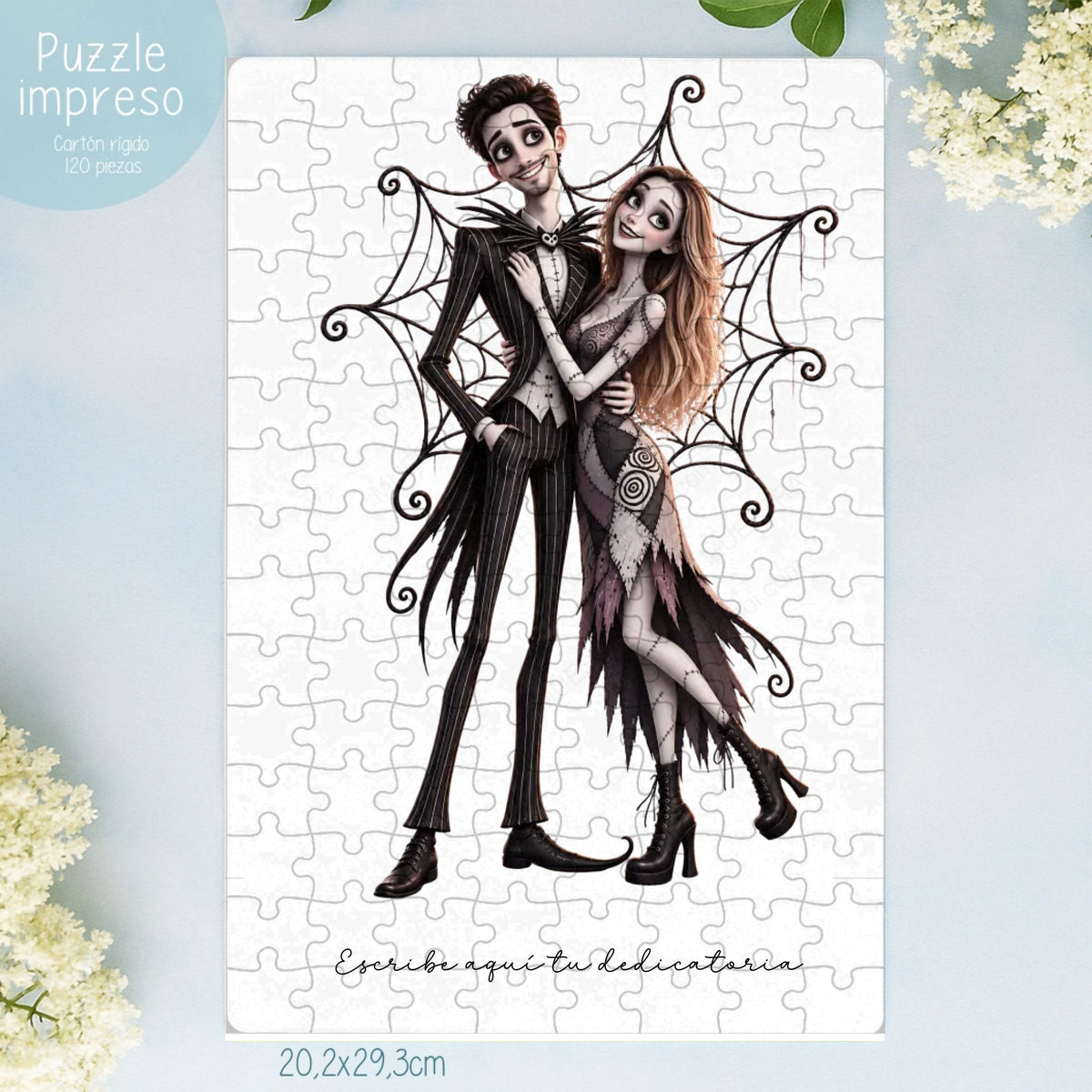 Puzzle personalizado con caricatura de pareja estilo Jack Skellington y dedicatoria, regalo navideño