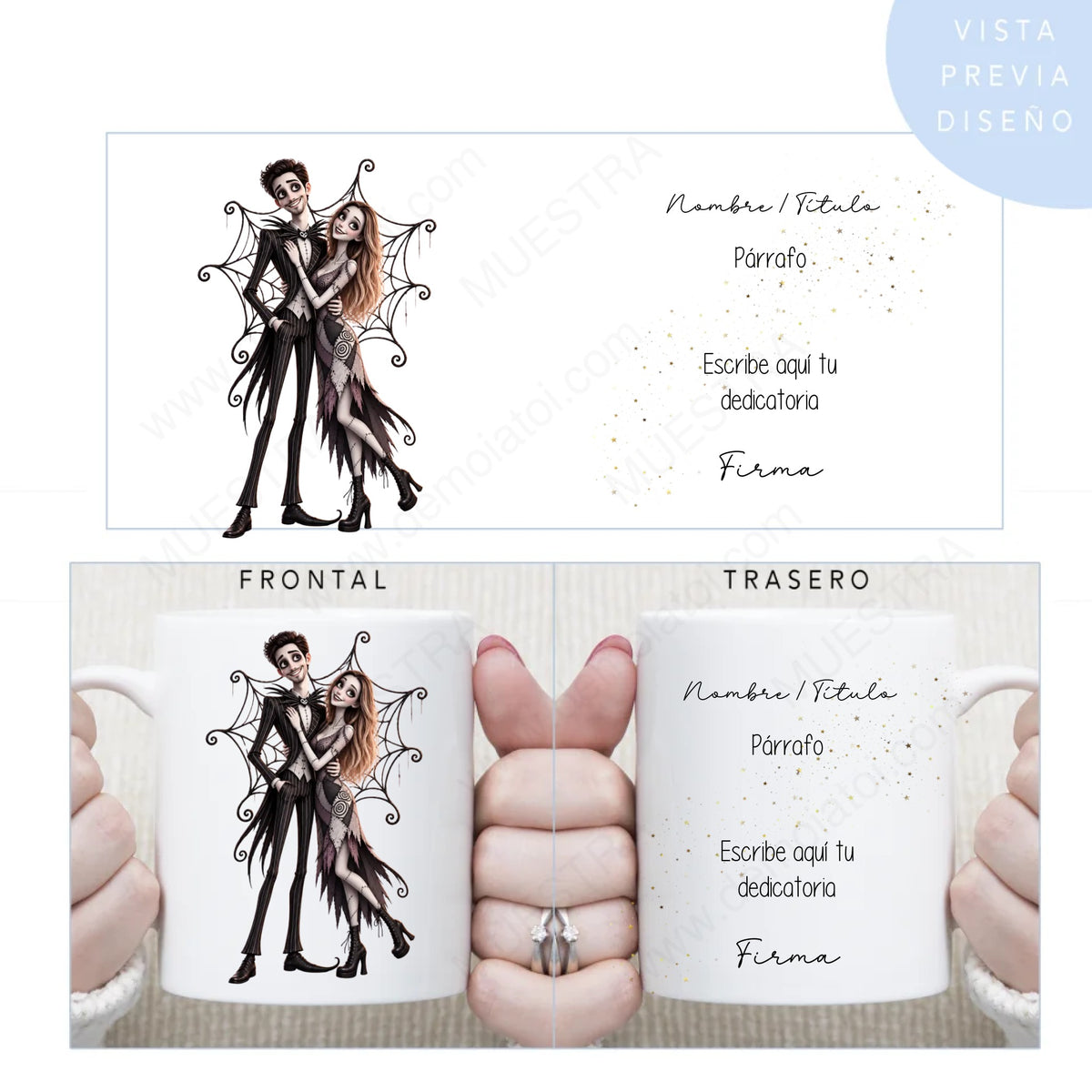 Taza de cerámica con caricatura personalizada estilo Jack Skellington y texto personalizado, vista frontal y trasera