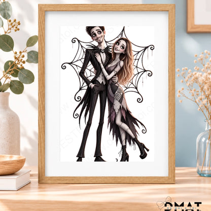 Lámina A4 con marco de madera y caricatura personalizada de pareja estilo Jack Skellington, impresión completa