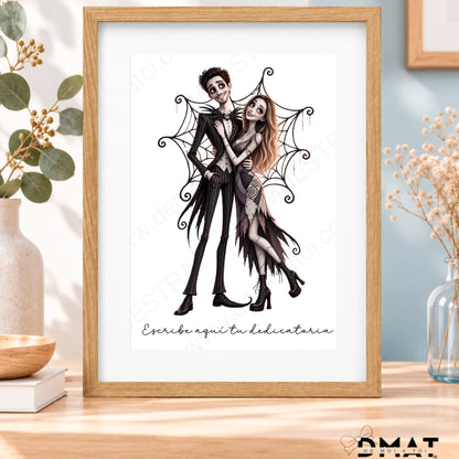 Cuadro A4 con marco de madera, caricatura de pareja estilo Jack Skellington y dedicatoria personalizada