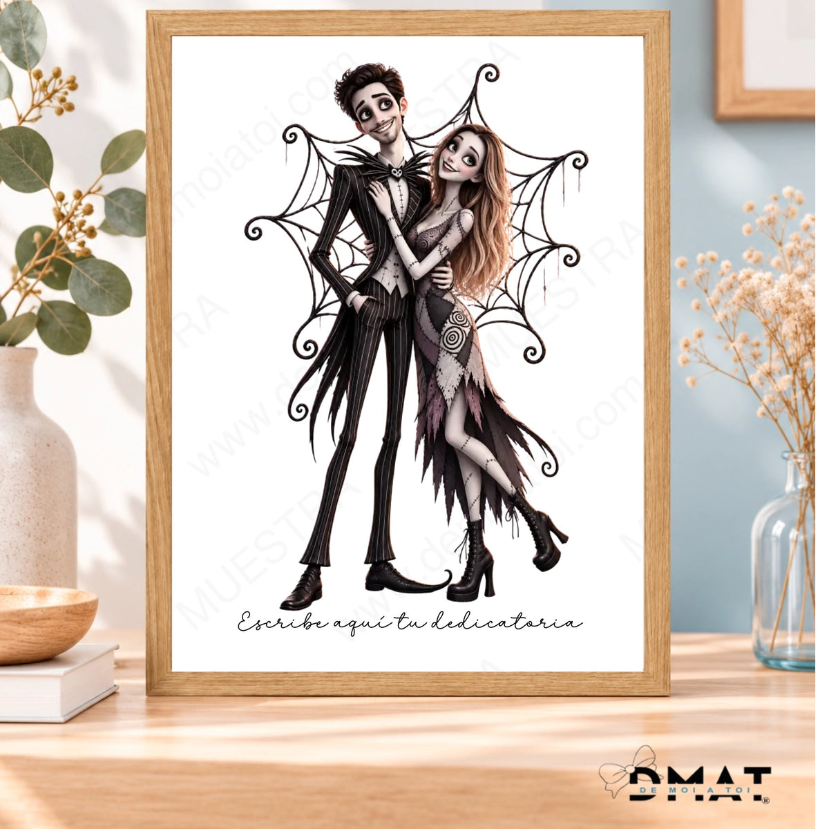 Cuadro A3 con marco de madera, caricatura de pareja estilo Jack Skellington y dedicatoria personalizada