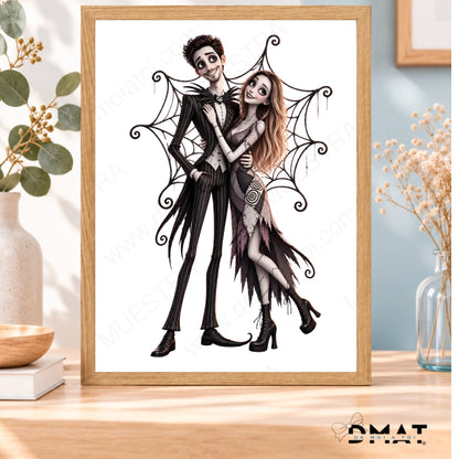 Lámina A3 con marco de madera y caricatura personalizada de pareja estilo Jack Skellington, impresión completa