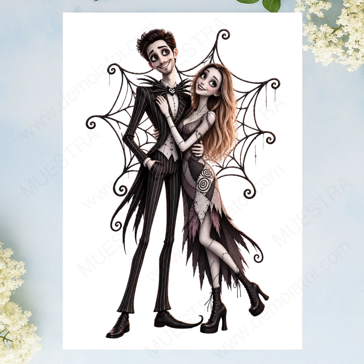 Caricatura personalizada de pareja estilo Jack Skellington en lámina A3, impresión completa