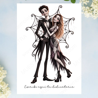 Lámina A3 personalizada con caricatura de pareja estilo Jack Skellington y dedicatoria