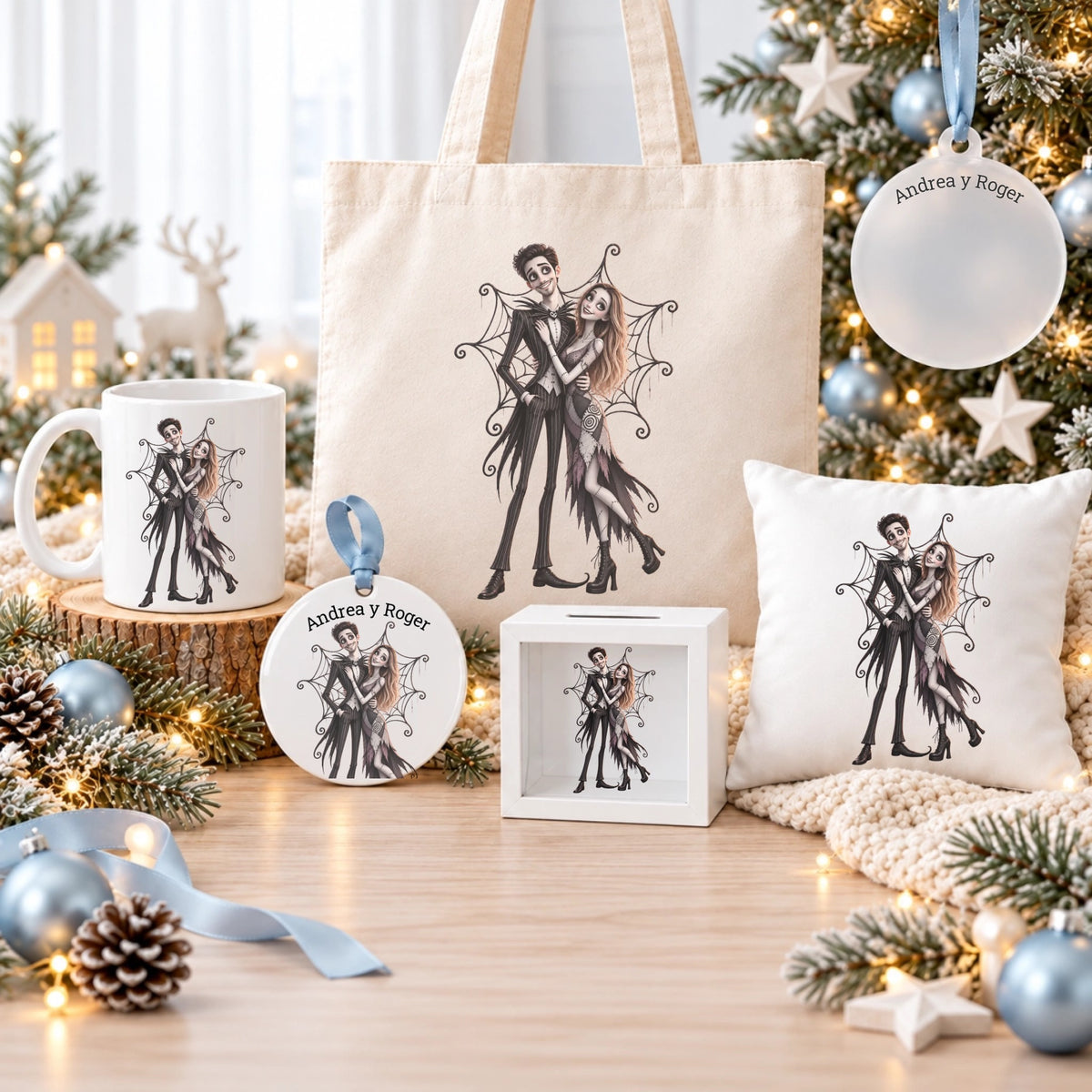 Regalos de Navidad personalizados con caricatura estilo Jack Skellington: taza, totebag, cojín, hucha y bola