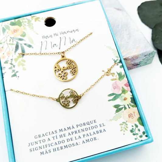 Conjunto de collar y pulsera con la palabra mamá y flores, regalo ideal para el Día de la Madre.