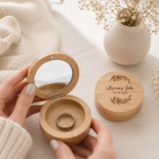 Joyero de bambú personalizado con grabado láser para regalar a mujer y para invitadas de celebración, así como porta alianzas de boda