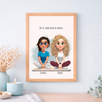 Lámina y cuadro personalizado con ilustración de amigas y hermanas estilo pixart como regalo original