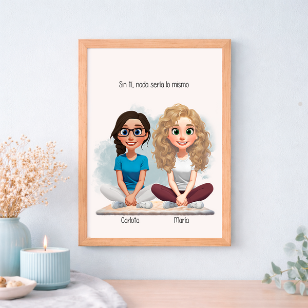 Lámina y cuadro personalizado con ilustración de amigas y hermanas estilo pixart como regalo original