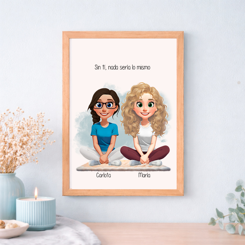 Lámina y cuadro personalizado con ilustración de amigas y hermanas estilo pixart como regalo original