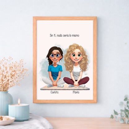 Lámina y cuadro personalizado con ilustración de amigas y hermanas estilo pixart como regalo original