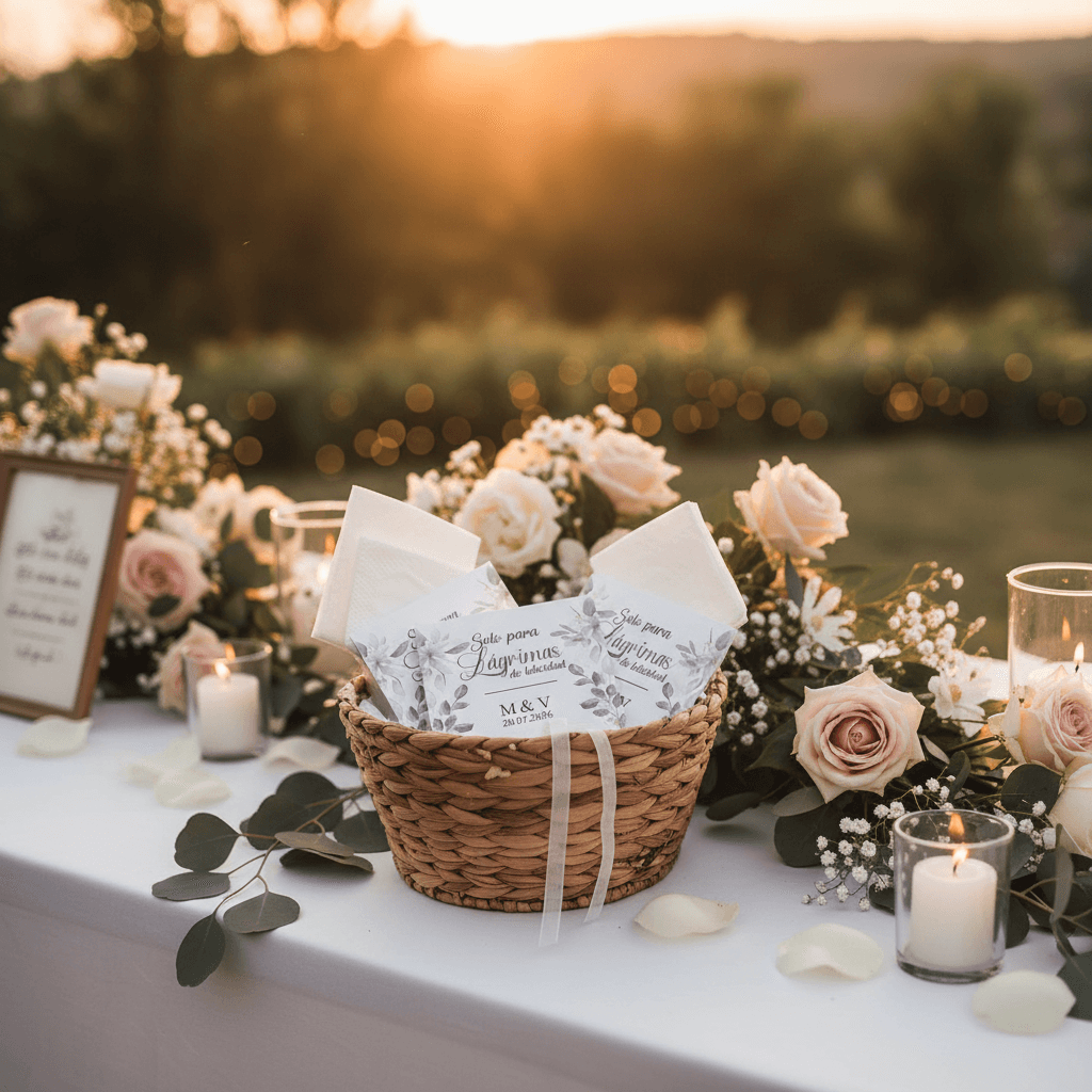 Cesta con lágrimas de felicidad personalizadas para ceremonia de boda estilo boho natural