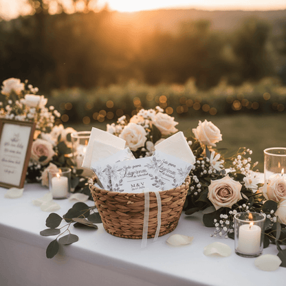 Cesta con lágrimas de felicidad personalizadas para ceremonia de boda estilo boho natural