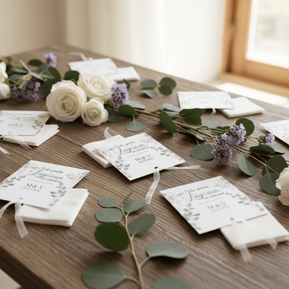 Lágrimas de felicidad para boda con pañuelo y diseño silvestre personalizado