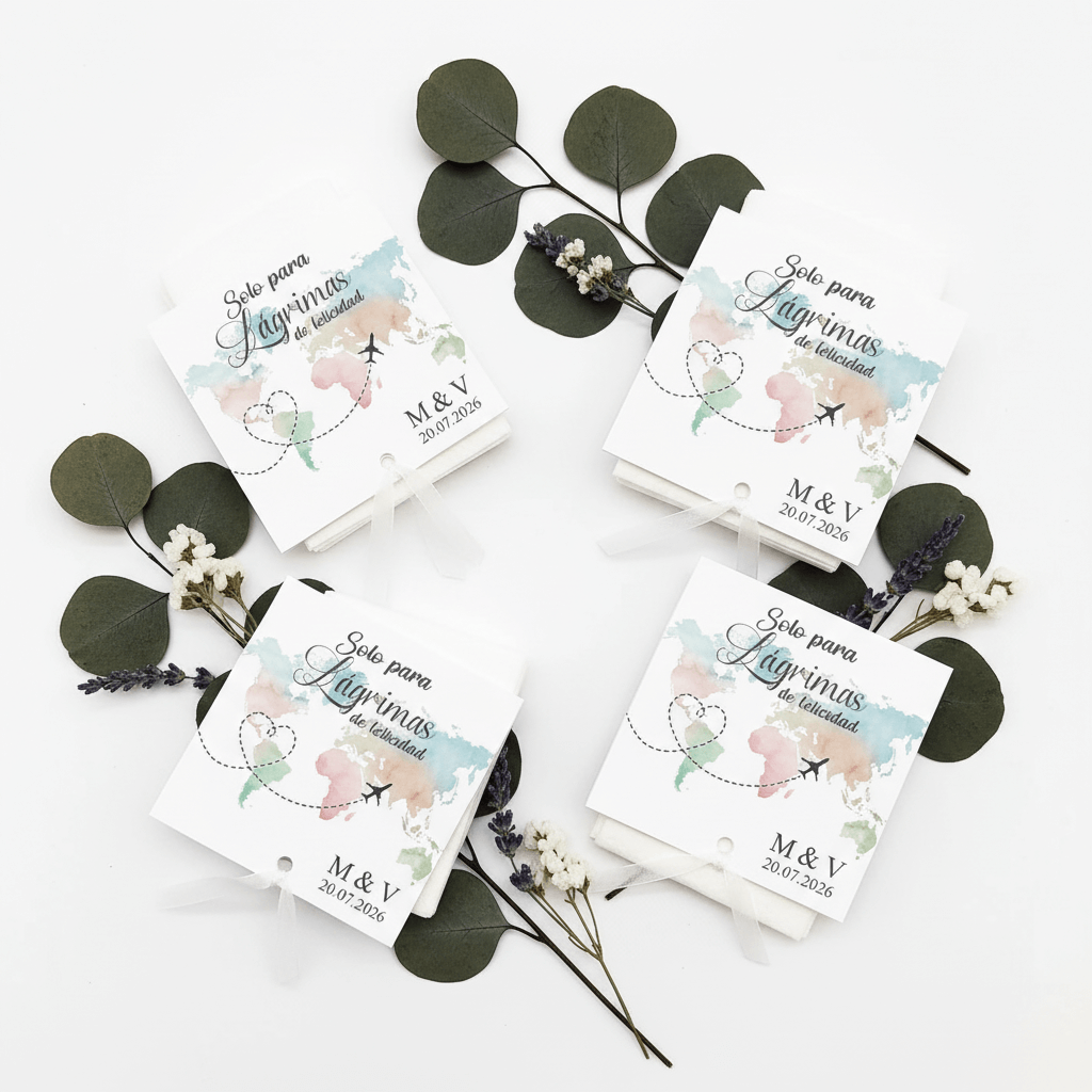 Lágrimas de felicidad personalizadas para boda diseño viajeros presentadas con hojas de eucalipto