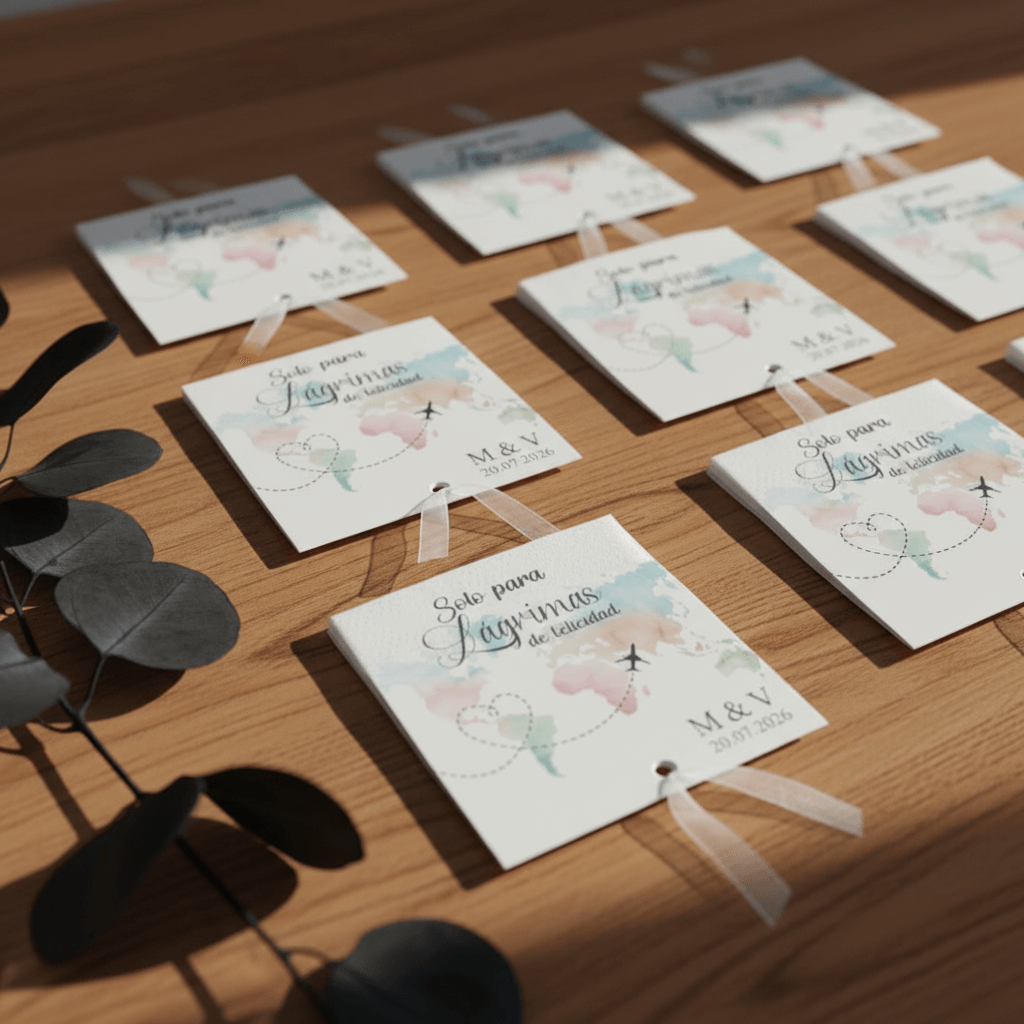 Lágrimas de felicidad personalizadas para boda diseño viajeros colocadas sobre mesa de bienvenida