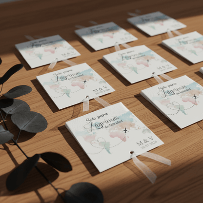 Lágrimas de felicidad personalizadas para boda diseño viajeros colocadas sobre mesa de bienvenida