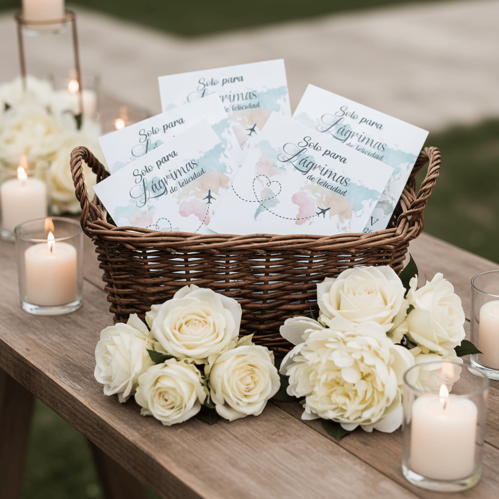 Cesta con lágrimas de felicidad personalizadas para boda rodeada de flores blancas y velas decorativas