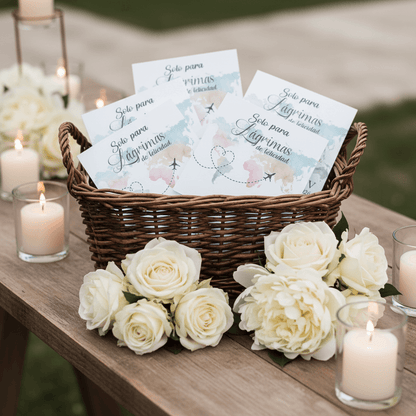 Cesta con lágrimas de felicidad personalizadas para boda rodeada de flores blancas y velas decorativas