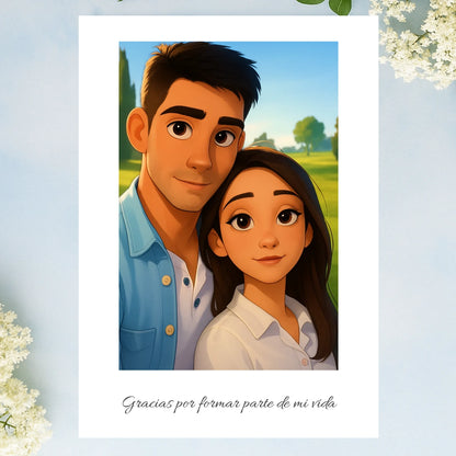 Lámina personalizada con caricatura estilo dibujo animado de pareja y dedicatoria