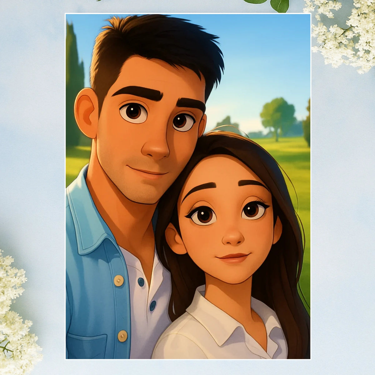 Lámina personalizada con caricatura estilo Disney de pareja desde foto, impresión completa