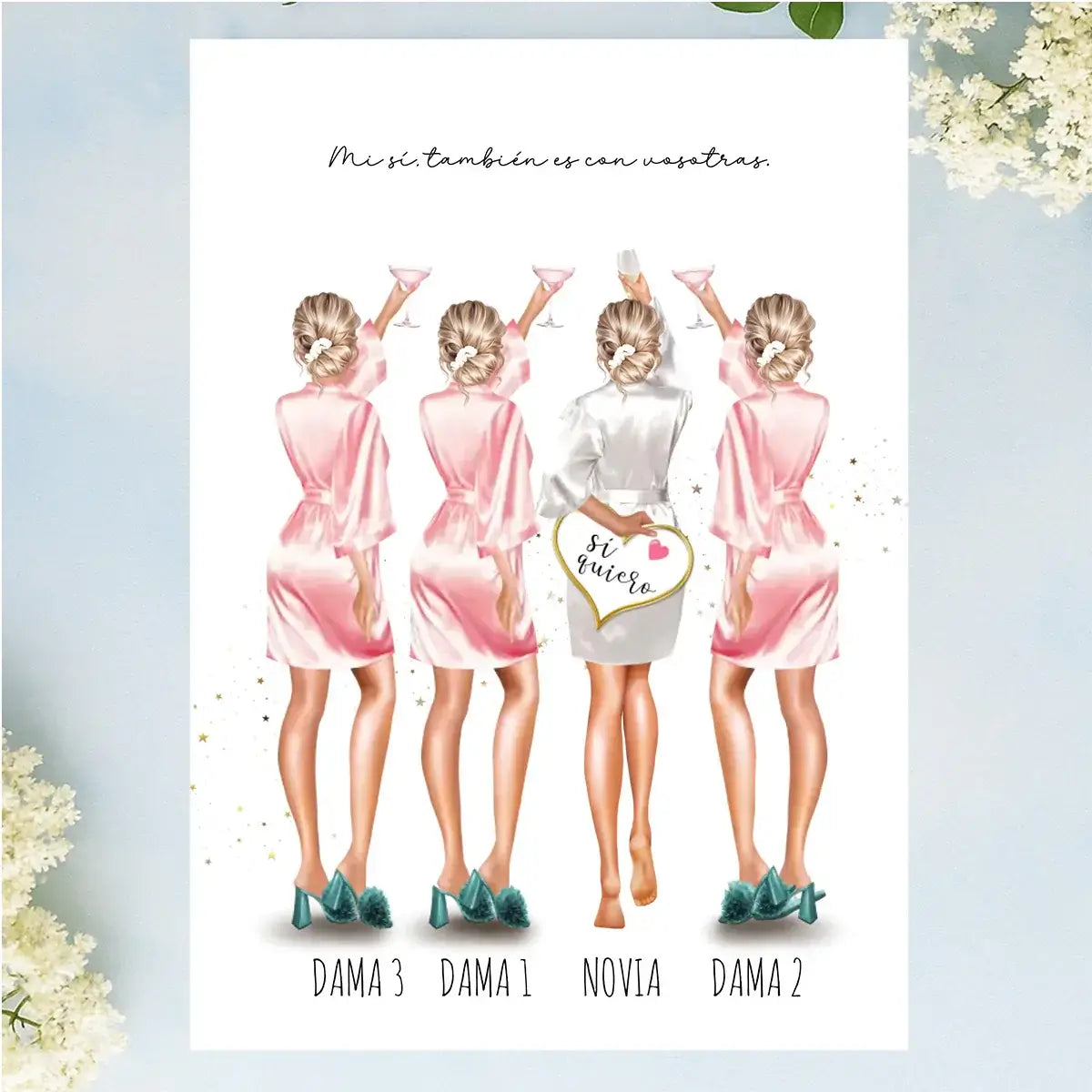 lámina personalizada con ilustración de damas de honor en preboda con bata editable online
