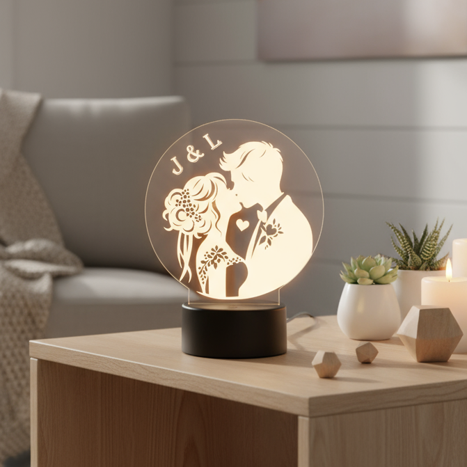 Lámpara LED personalizada con silueta de novios e iniciales grabadas – De moi à toi