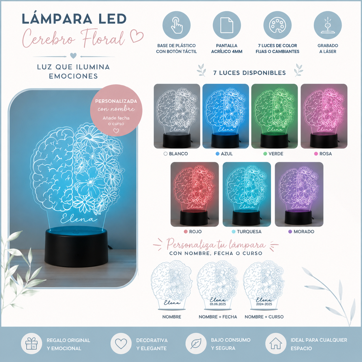 Lámpara LED personalizada con diseño de mente y flores, regalo para psicólogos