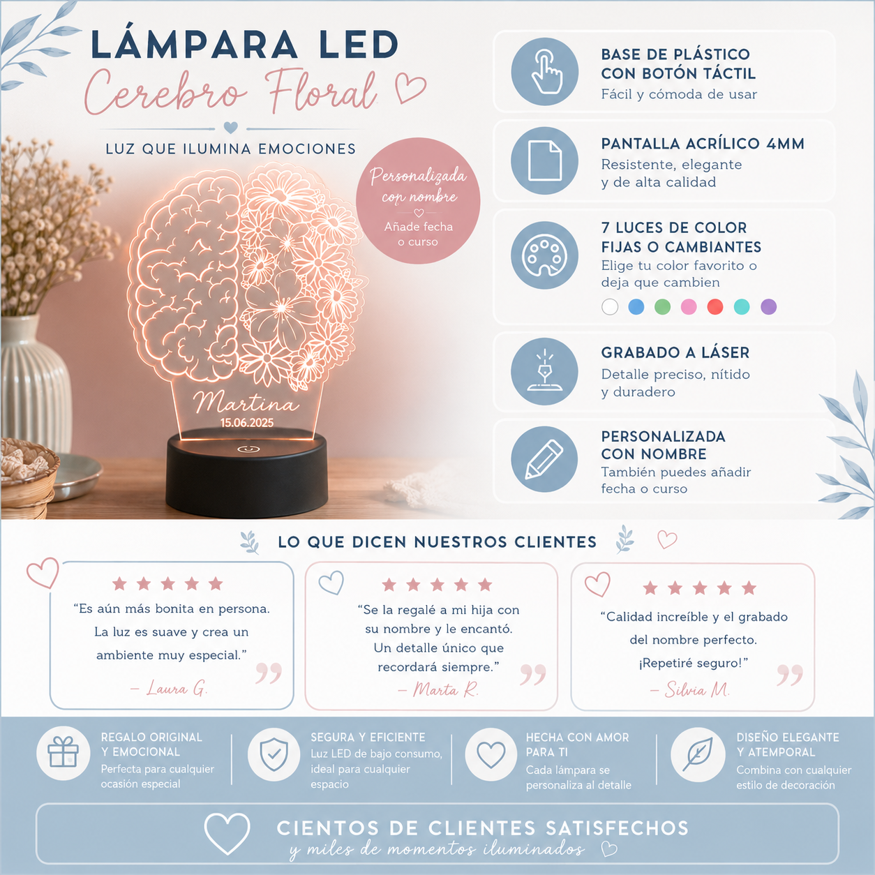 Cliente mostrando su lámpara LED personalizada para psicólogos con nombre grabado - De moi à toi