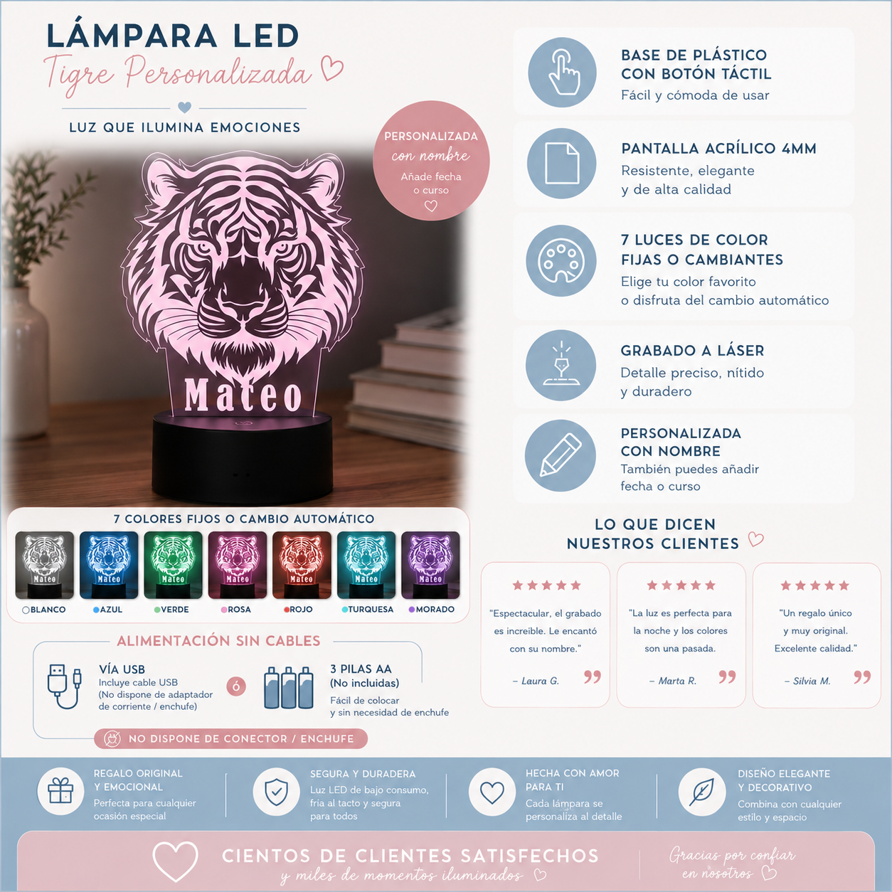 Lámpara LED personalizada con nombre | Regalo original cumpleaños diseño Tigre