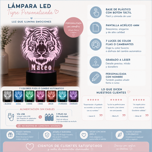 Lámpara LED personalizada con nombre | Regalo original cumpleaños diseño Tigre