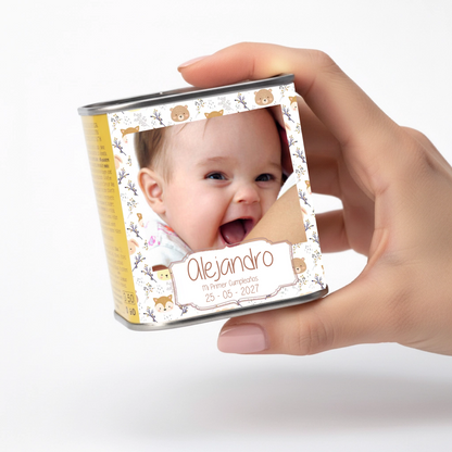 Lata de aceite personalizada para bautizo con diseño Animal boho, con foto o texto