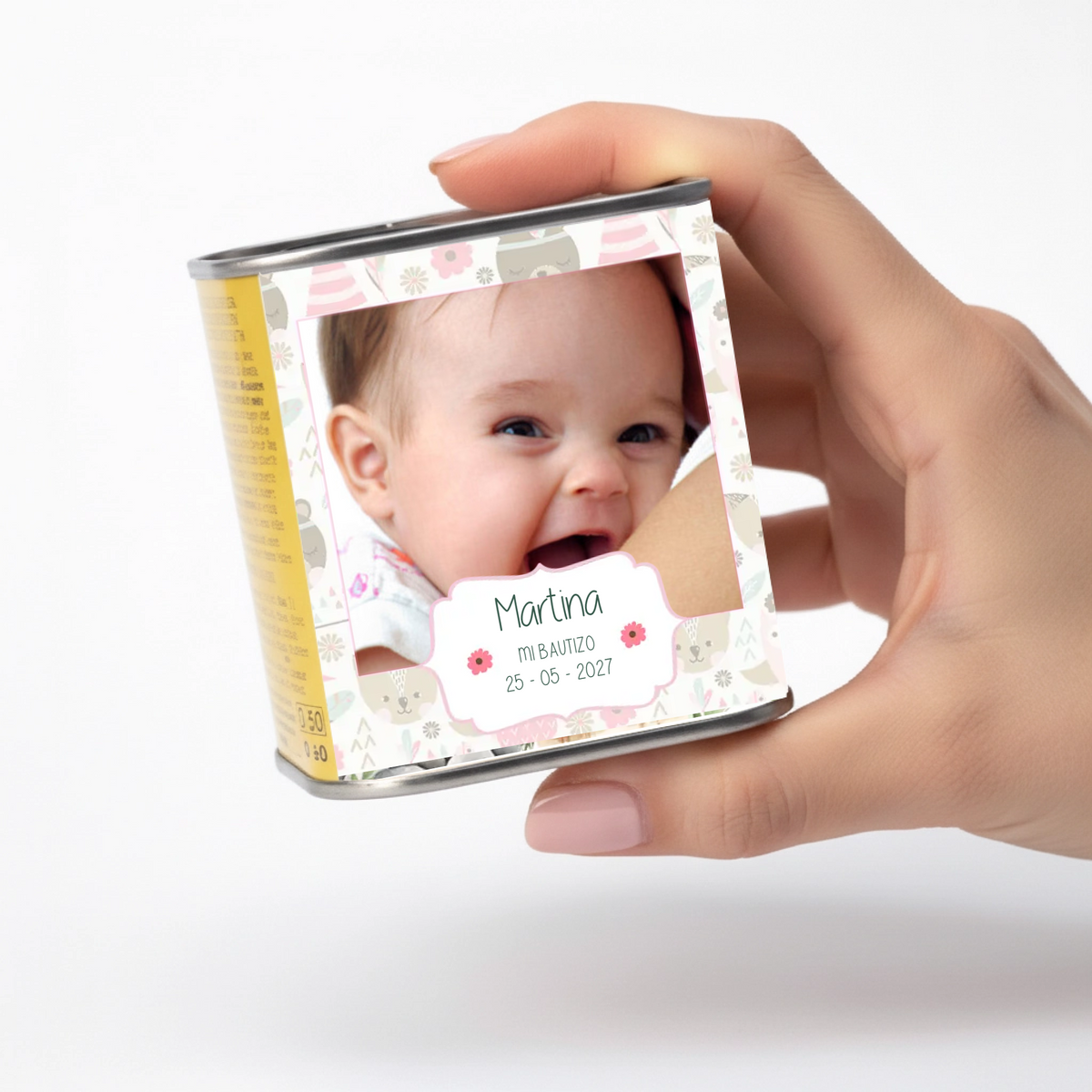 Lata de aceite personalizada para bautizo con diseño Animal rosa, con foto o texto