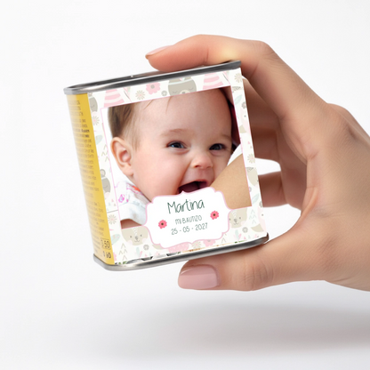 Lata de aceite personalizada para bautizo con diseño Animal rosa, con foto o texto