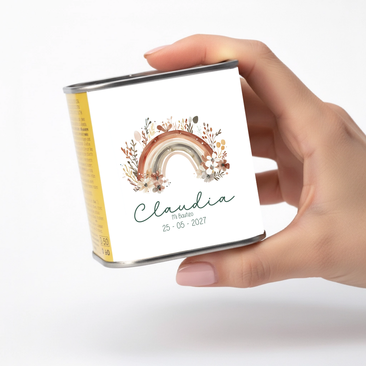 Lata de aceite personalizada para bautizo y fiesta infantil con diseño Arcoíris