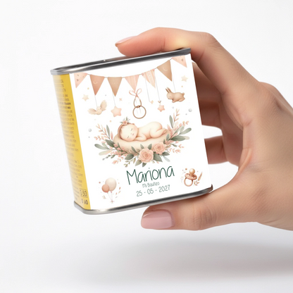 Lata de aceite personalizada para bautizo con diseño Babybrown, detalle para invitados